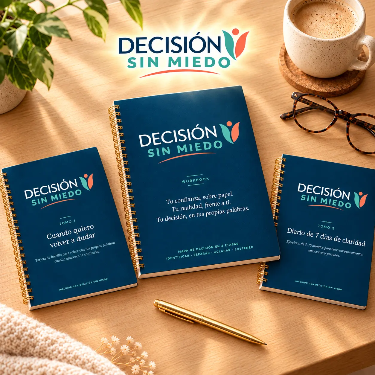 Decisión Sin Miedo - Mockup del Workbook impreso con sus bonos incluidos