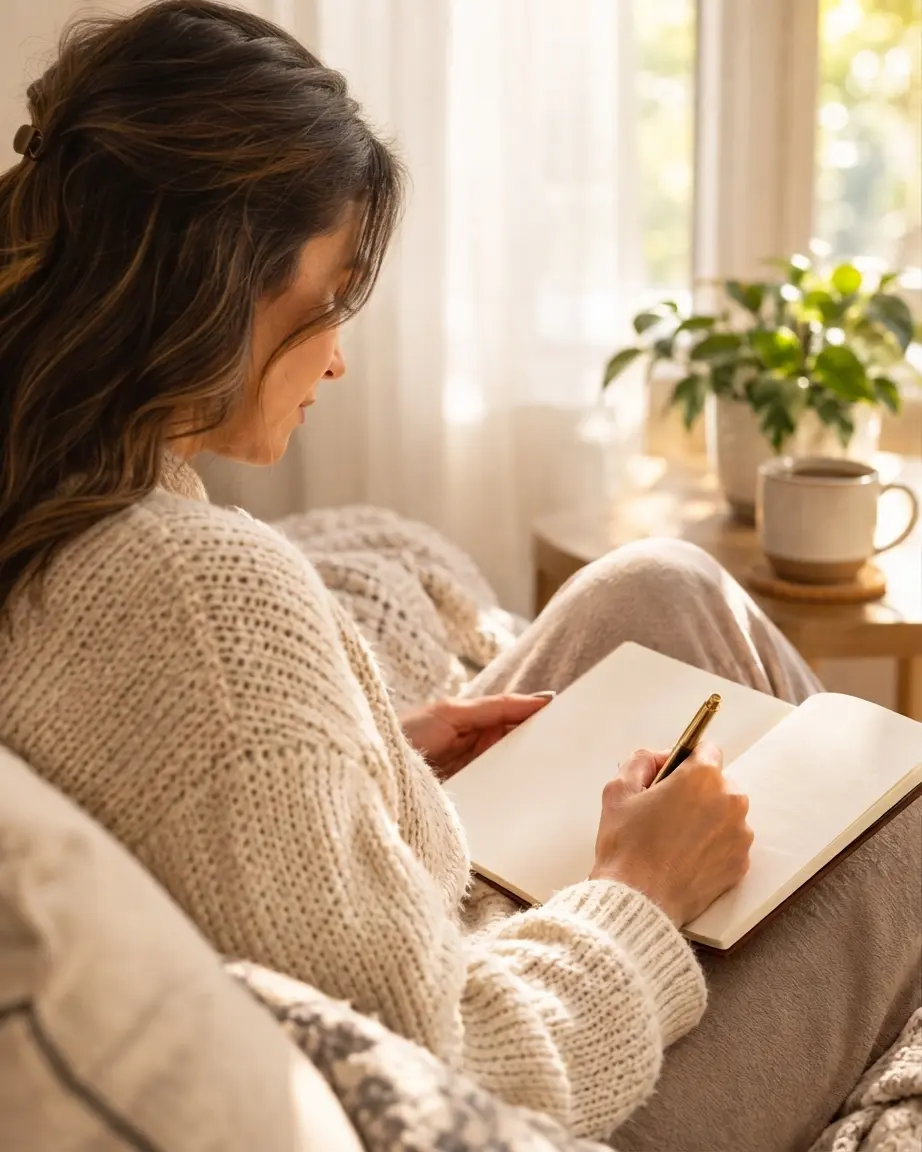 Mujer escribiendo en un cuaderno en un momento de calma e introspección
